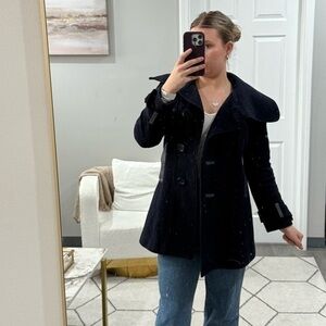 Mackage Coat Wool Cashmere Pea Coat Leather Trim in Navy